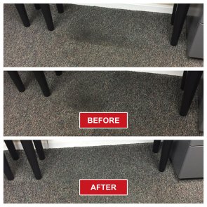 Three images showcase deep carpet cleaning: the first features a dark stain, the second labeled “BEFORE” shows the dirty carpet, and the third labeled “AFTER” reveals the same spot refreshed and stain-free.