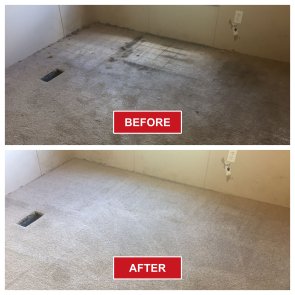 Two images show the same carpeted area. The top image (labeled Before) shows dirty, stained carpet. The bottom image (labeled After) highlights the impressive results of deep carpet cleaning, revealing a spotless and refreshed surface.