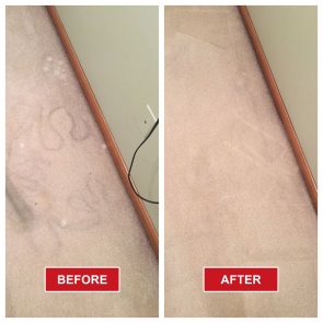 Side-by-side photos show a carpet: the left side (before) has noticeable stains and marks, while the right side (after deep carpet cleaning) appears clean and spotless. Both images have red labels indicating before and after.