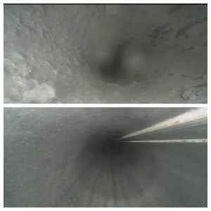Two images of a cylindrical duct interior: the top shows a dirty, dust-covered vent, while the bottom reveals the same vent after cleaning—much clearer and smoother, highlighting our expertise in carpet cleaning and air duct services.