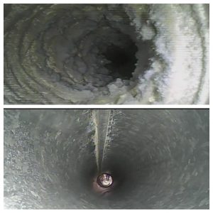 Two images of an air duct: the top shows thick dust and debris, while the bottom reveals a spotless duct—just like the results you can expect from our expert carpet cleaning New Albany and Lanesville services.