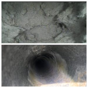 Top: Close-up of a rough, gray, textured surface with shallow indentations—similar to what you’d find before carpet cleaning. Bottom: Looking down the inside of a deep, cylindrical well with rough gray walls fading into darkness.