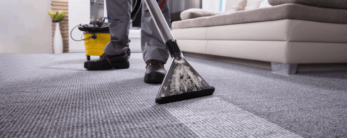 A person is cleaning a gray carpet in a living room with a professional carpet cleaning machine, reflecting the expertise of professional carpet cleaners. The scene includes a beige sofa, a yellow cleaning bucket, and sunlight streaming through a window.