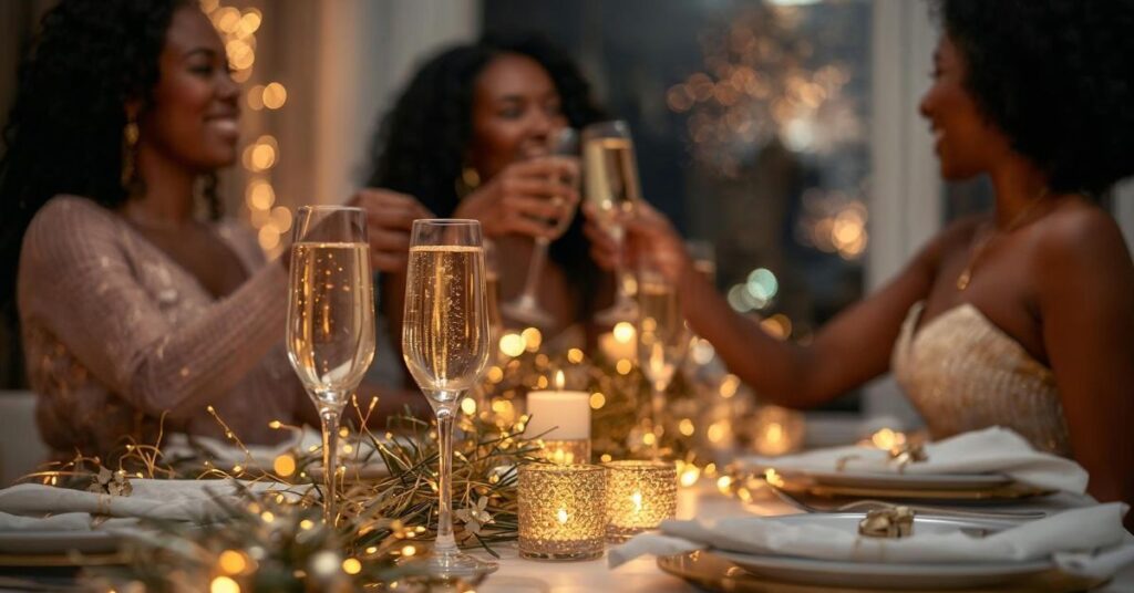 Three women dressed elegantly toast with champagne at a festive, candlelit dinner table adorned with gold accents and sparkling lights. The warm, celebratory atmosphere sets the stage for a perfect evening—ideal for following any Holiday Spill Guide.