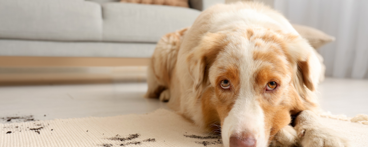 A large, light-colored dog lies on a cream carpet with pet stains, looking up with guilty eyes. A light-colored sofa with a cushion is in the background, highlighting the need to get rid of pet stains on carpet in this bright living room.