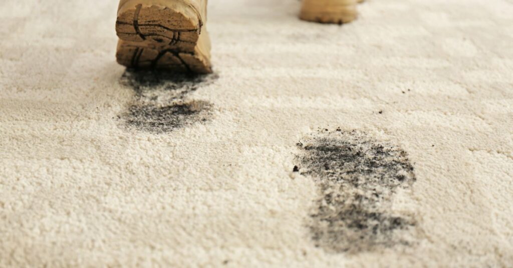 Dirty boot prints on a light-colored carpet, leaving visible black mud and Southern Indiana red clay stains as someone walks across the floor, making it tough to get mud out of carpet.