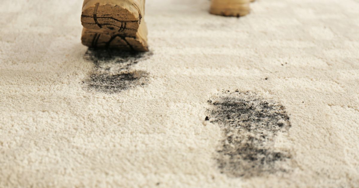 Dirty boot prints on a light-colored carpet, leaving visible black mud and Southern Indiana red clay stains as someone walks across the floor, making it tough to get mud out of carpet.